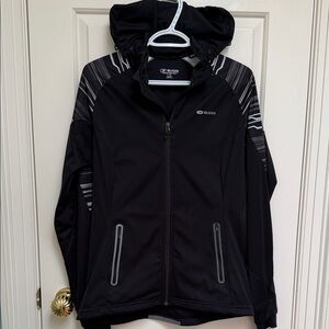 SUGOI sz L Semi Fit Black w pattern Full Zip Jacket; hood zips off